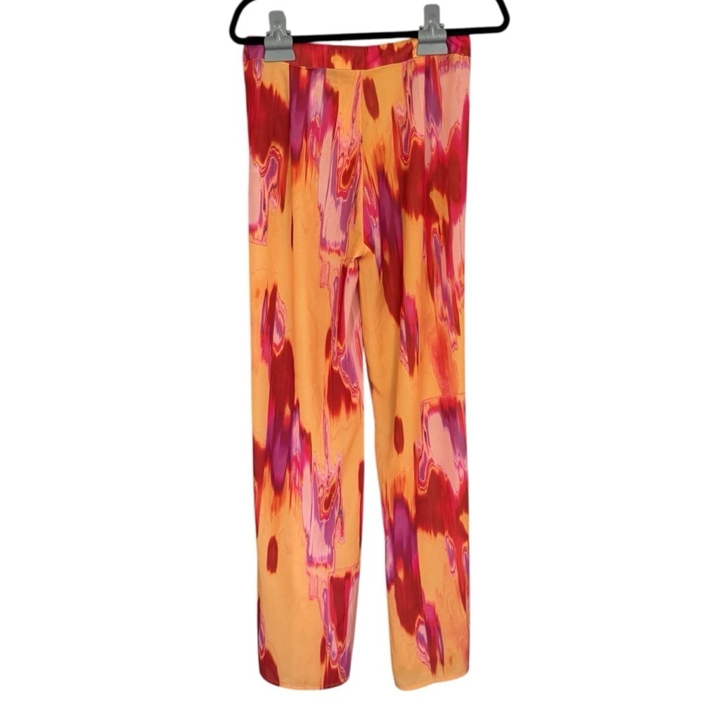 Tiger Mist Vibrant Orange Red Pink Wide Leg Flare Pants Side Slits Size Medium